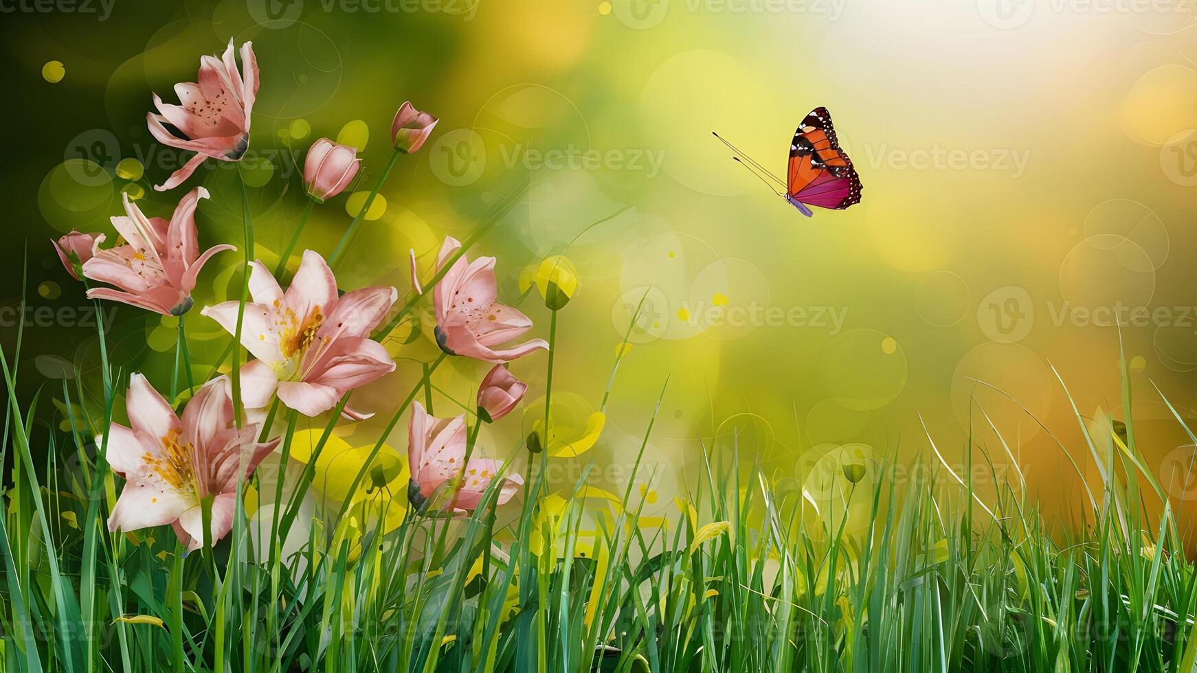 AI generated Abstract nature spring background with flower and butterfly art photo