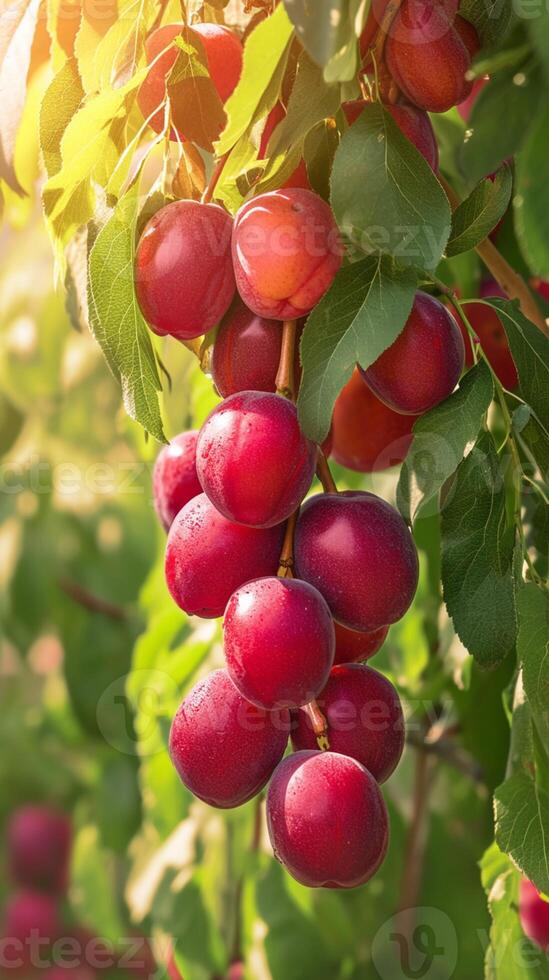 ai generado sano jardín generosidad rojo ciruela en árbol en otoño huerta vertical móvil fondo de pantalla foto