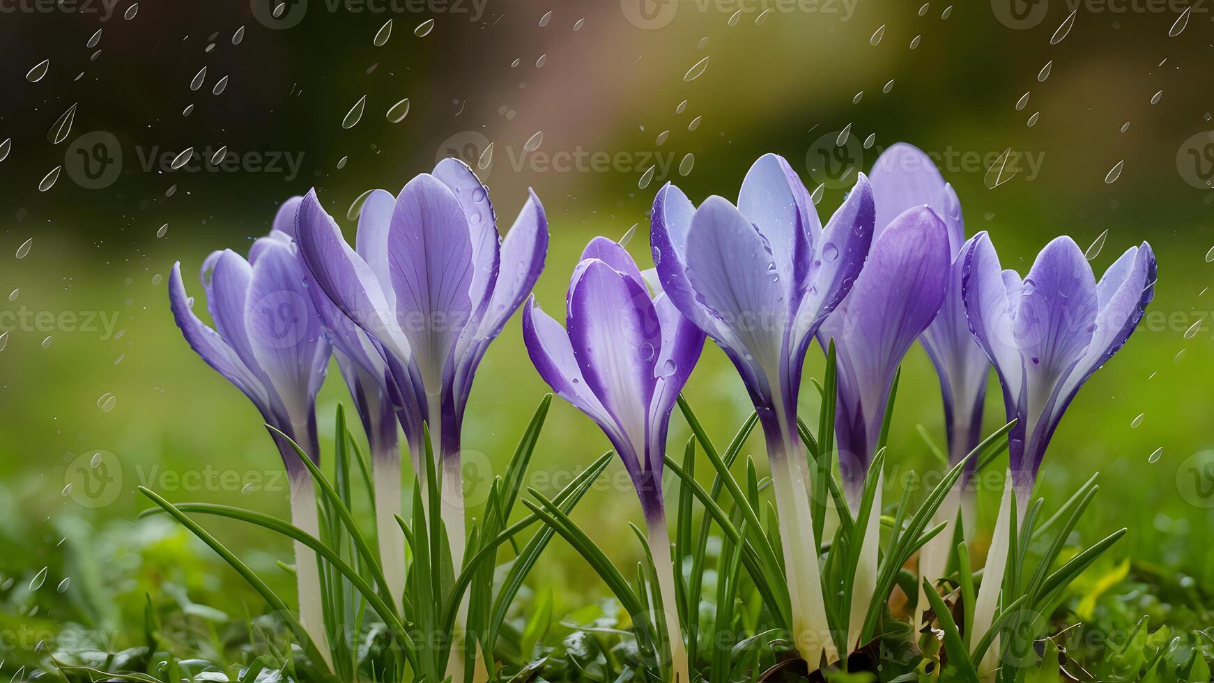 AI generated Spring background featuring blue crocuses with raindrop tracks photo