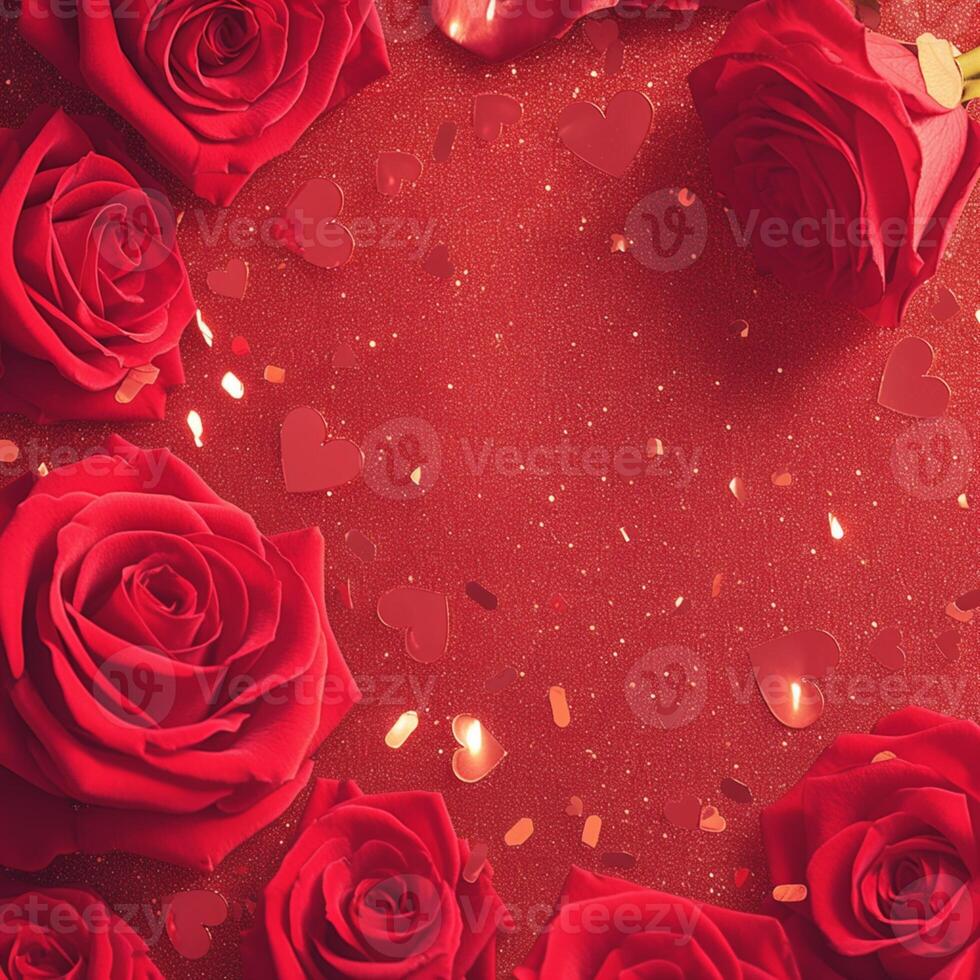 AI generated Valentines day postcard banner with red roses and glitter hearts For Social Media Post Size photo