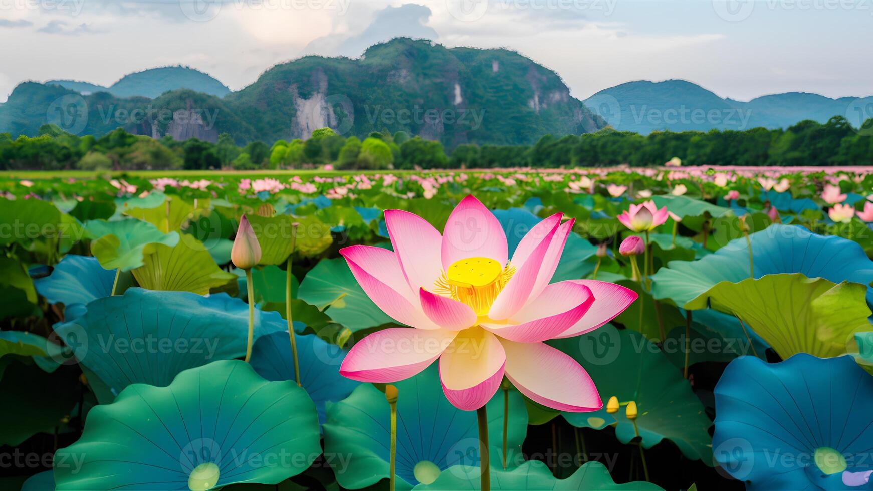 AI generated Thailands national park provides backdrop for blooming pink lotus flower photo