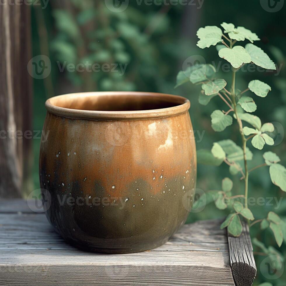 AI generated Rustic ceramic pot showcased in a close view amidst trees For Social Media Post Size photo