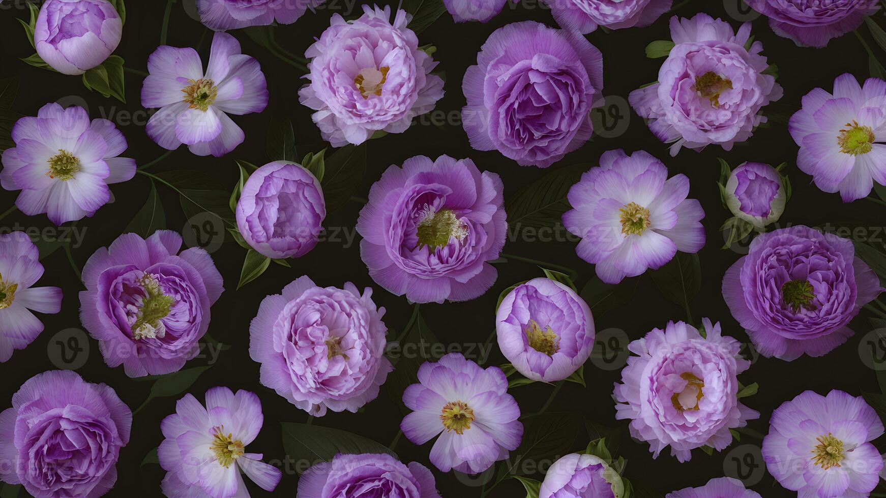 AI generated Black floral background featuring beautiful violet peonies, natural flowers photo