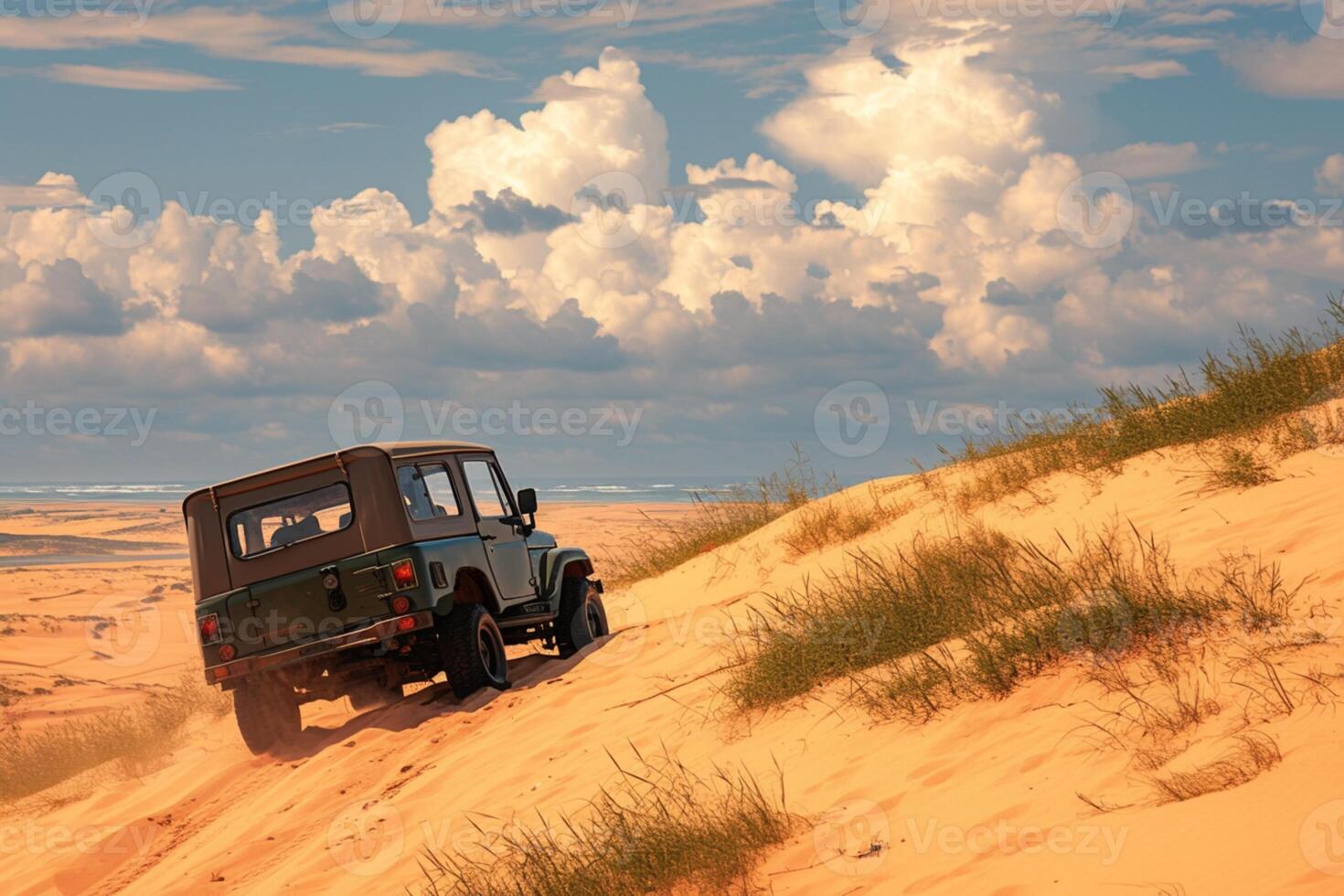 ai generado turista escapada amarillo arena dunas con un todoterreno coche foto