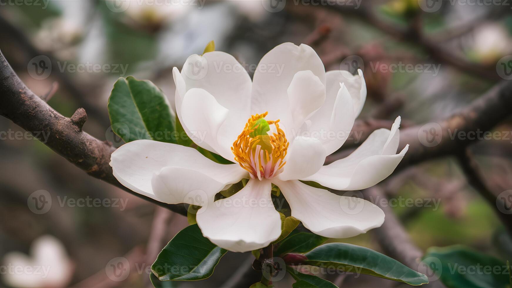 AI generated Close up image of white southern magnolia blossom, Louisiana state flower photo