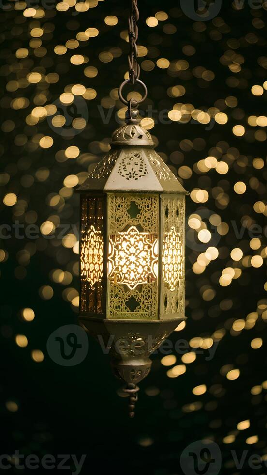 AI generated Lantern amidst captivating bokeh, representing Adha and Fitr Vertical Mobile Wallpaper photo