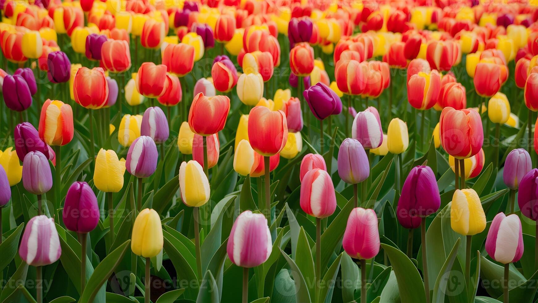 AI generated Spring garden background texture features colorful tulip flowers in pattern photo