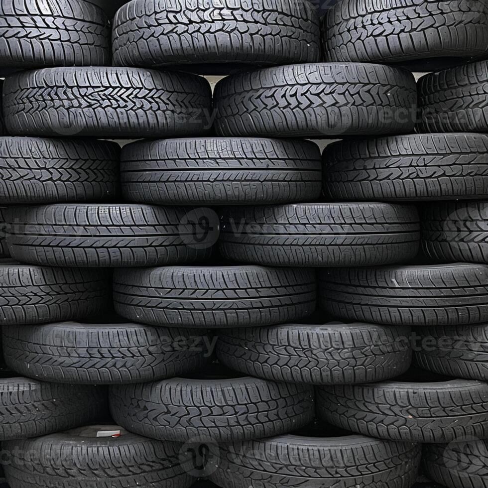 AI generated Stack of car tires with black rubber tread, textured background For Social Media Post Size photo