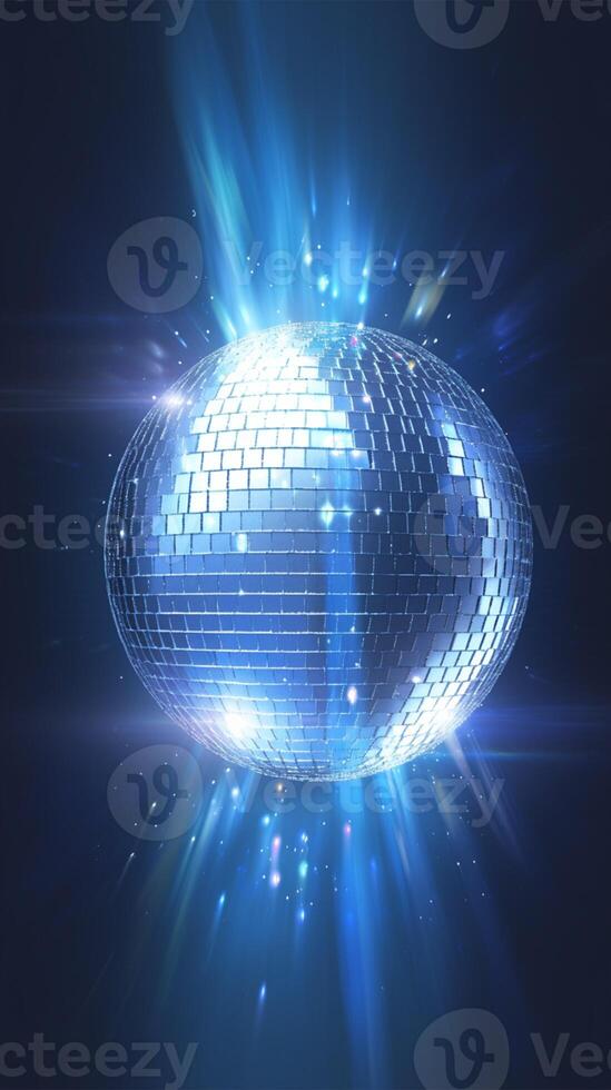 AI generated view Mirrored spinning blue disco ball for 80s, 90s luminous background Vertical Mobile Wallpaper photo