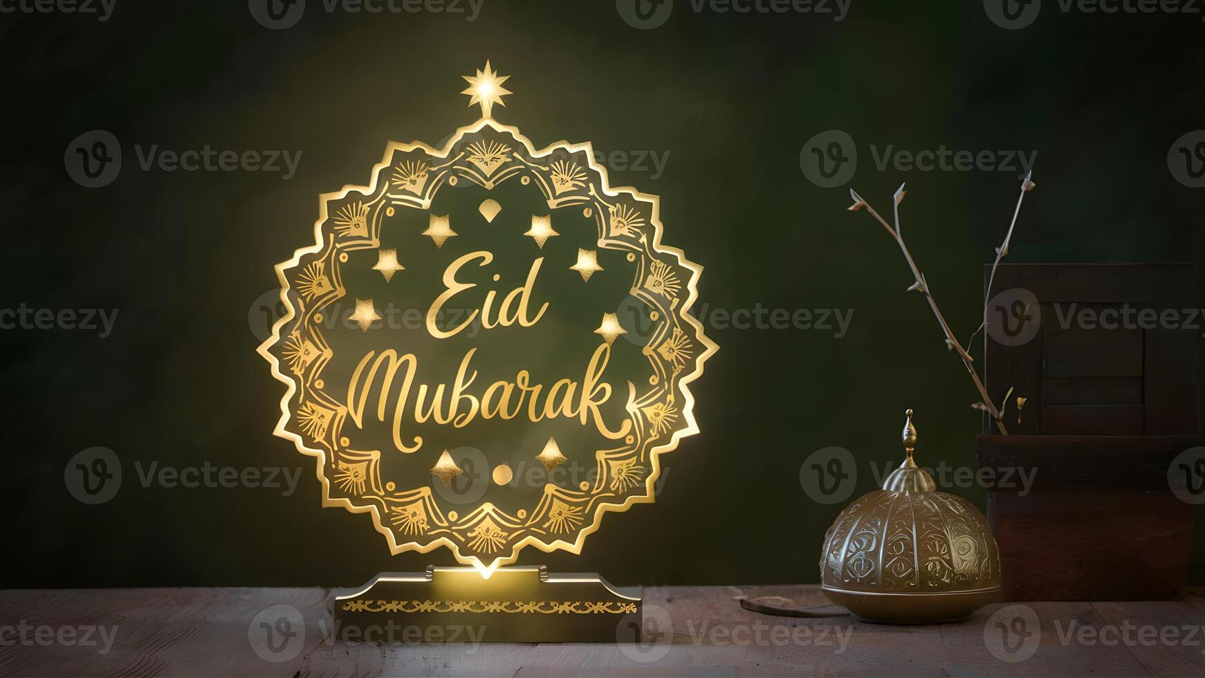 ai generado eid Mubarak lámpara brilla con intrincado diseño y sentido mensaje foto