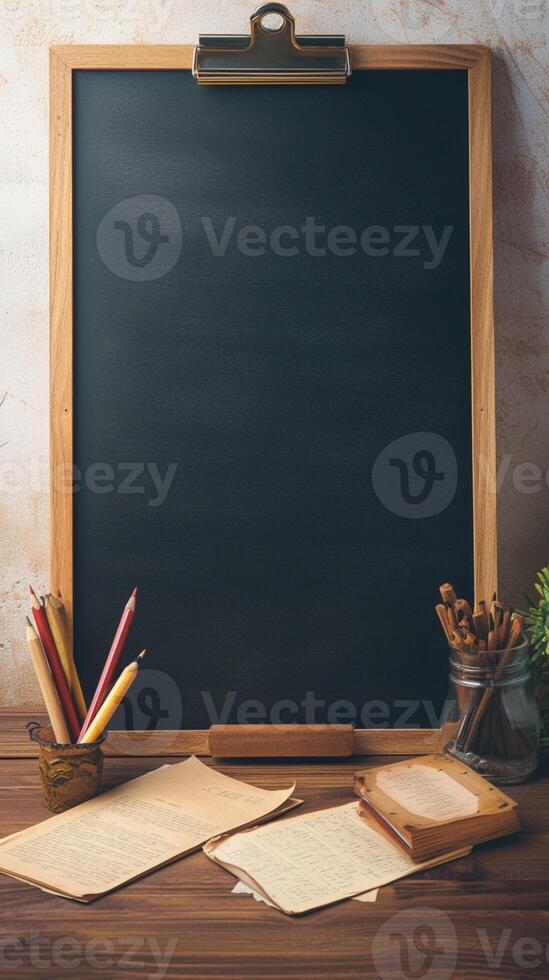 AI generated Photo Back to school setup Books on a wooden table backdrop Vertical Mobile Wallpaper