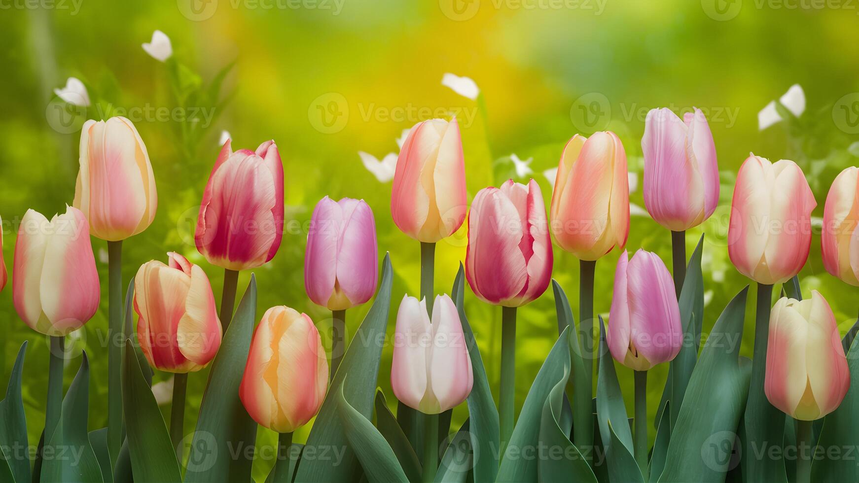 AI generated Frame Colorful tulip flowers on spring background for Mothers Day photo