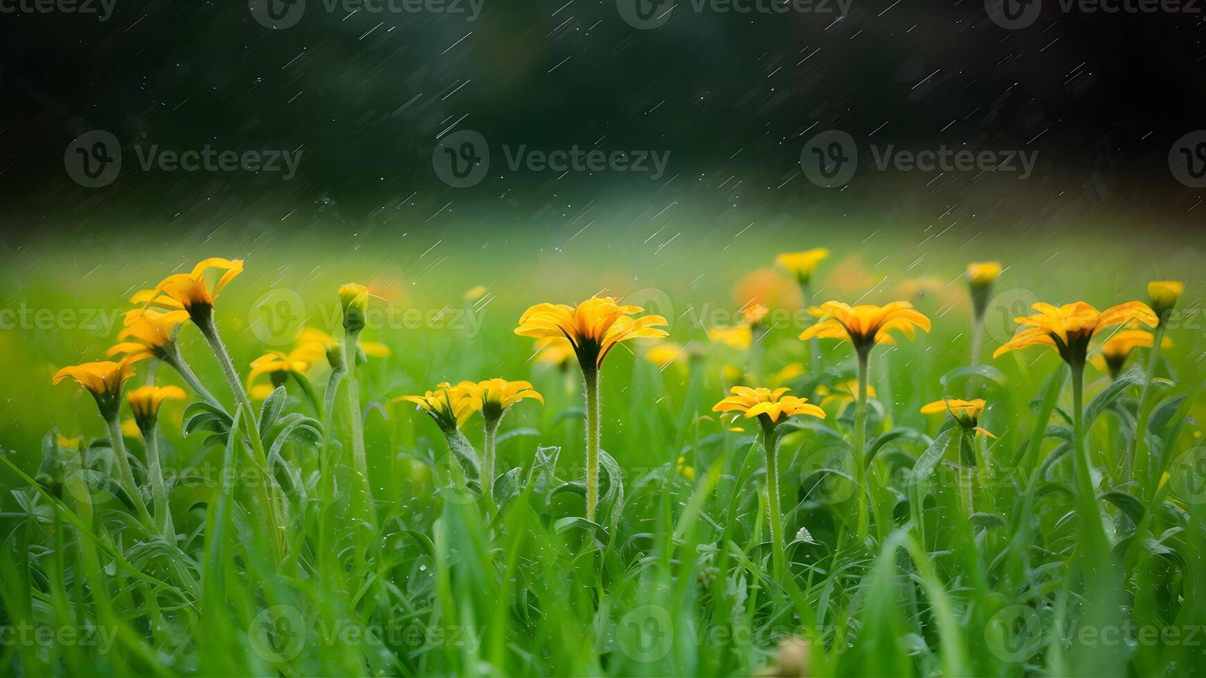 AI generated Abstract macro background featuring small plants and flowers under rain photo