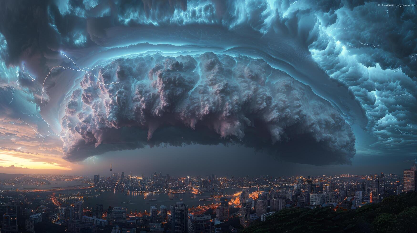 ai generado tormenta que se acerca ciudad a noche foto