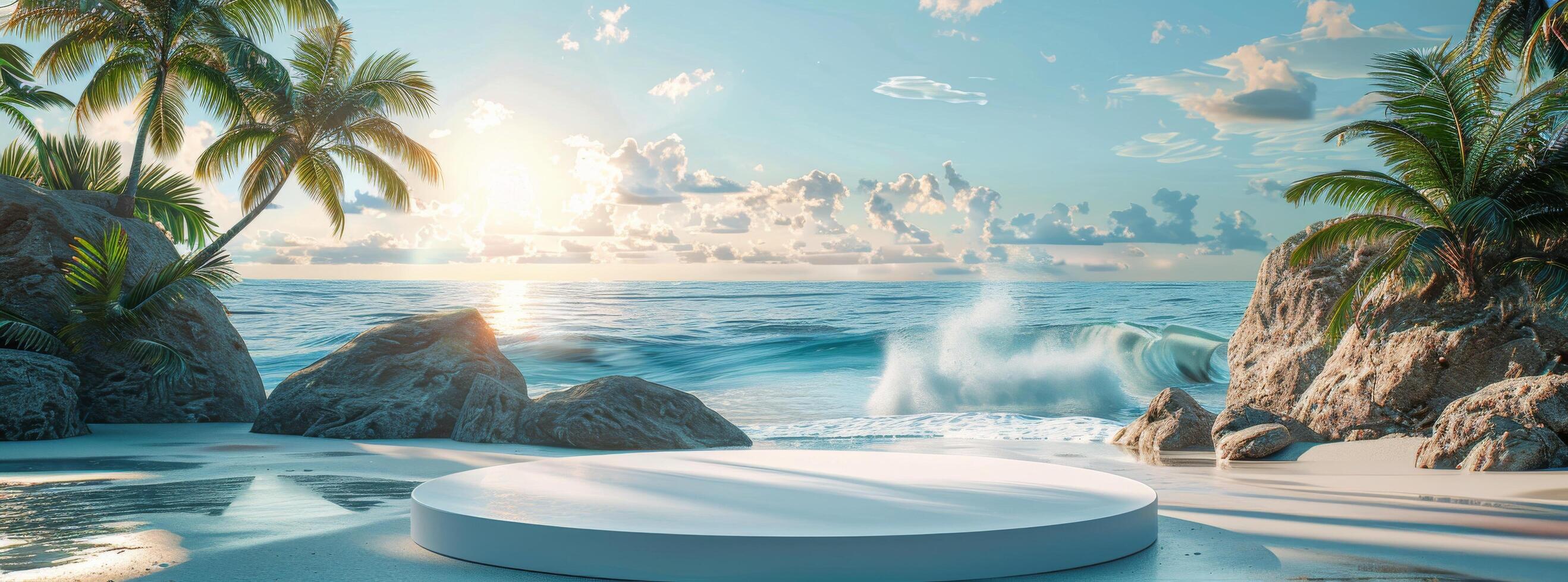 AI generated Beach Scene With Palm Trees and Waves photo
