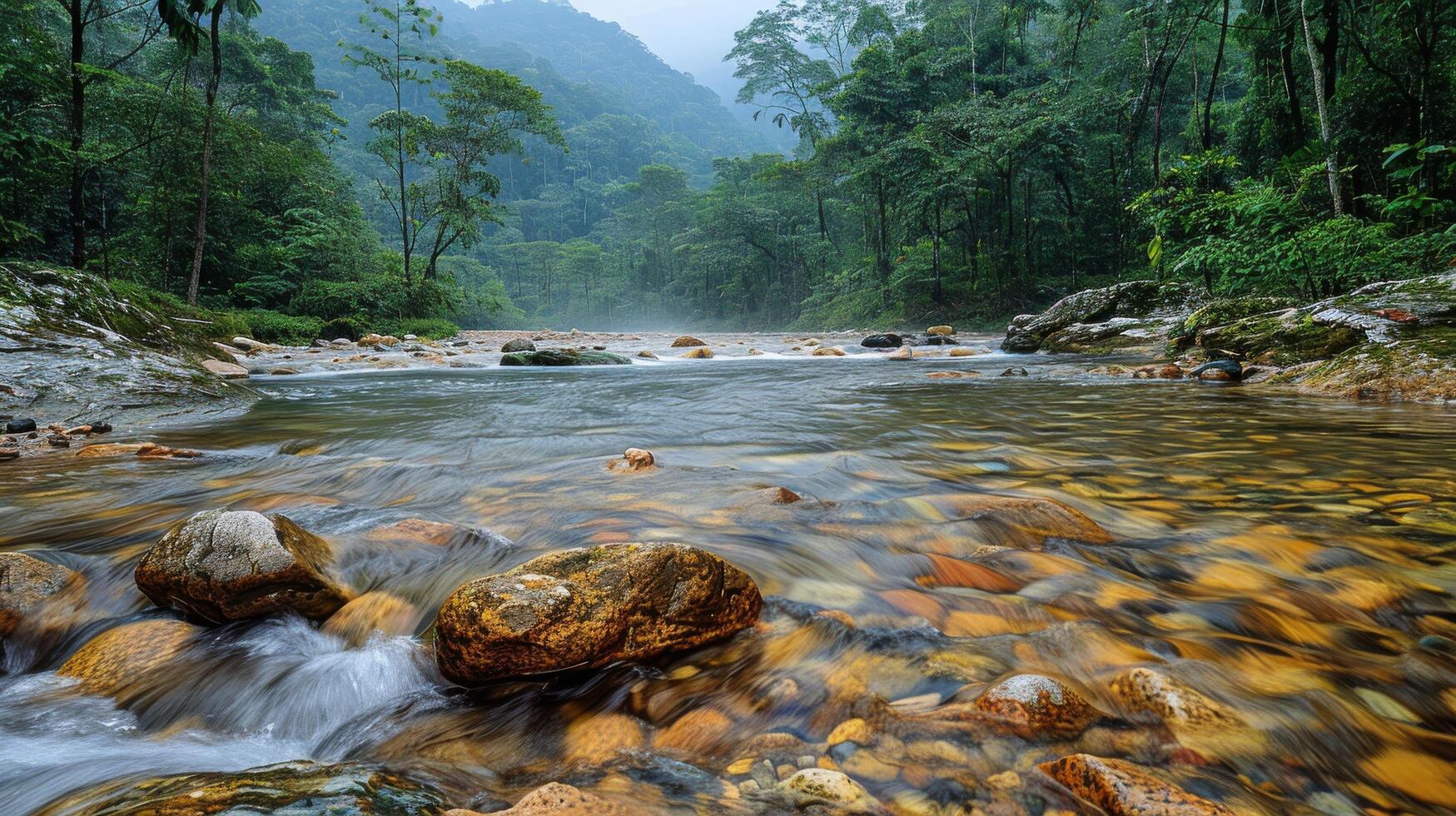 AI generated River Flowing Through Lush Green Forest photo