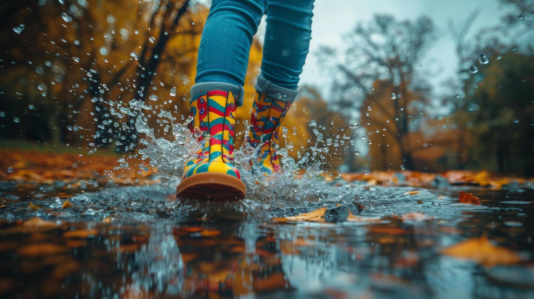 AI generated Person Splashing Through Puddle in Colorful Rain Boots photo