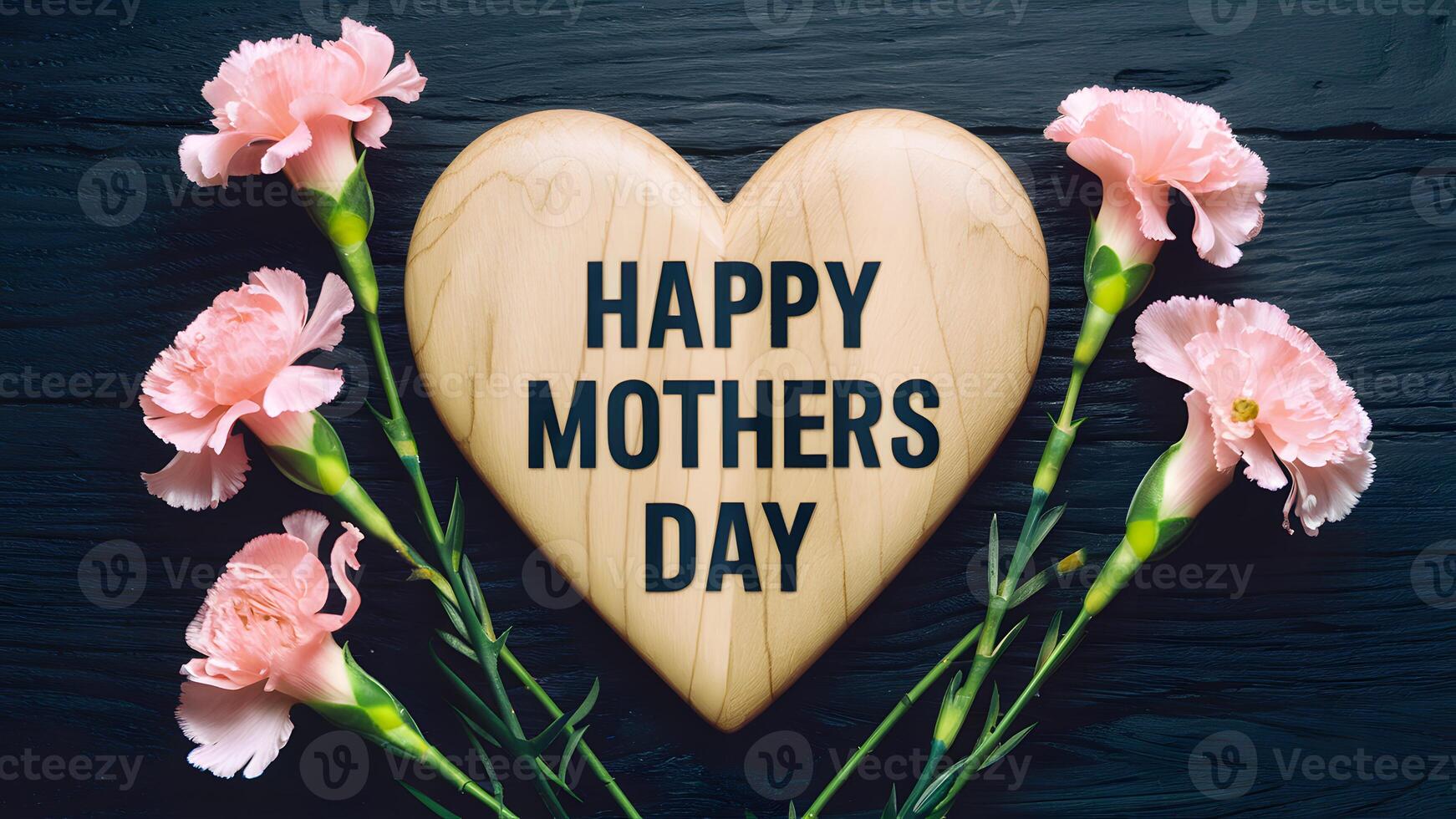 AI generated Subject Happy Mothers Day letter on wood heart, pink carnation flowers photo