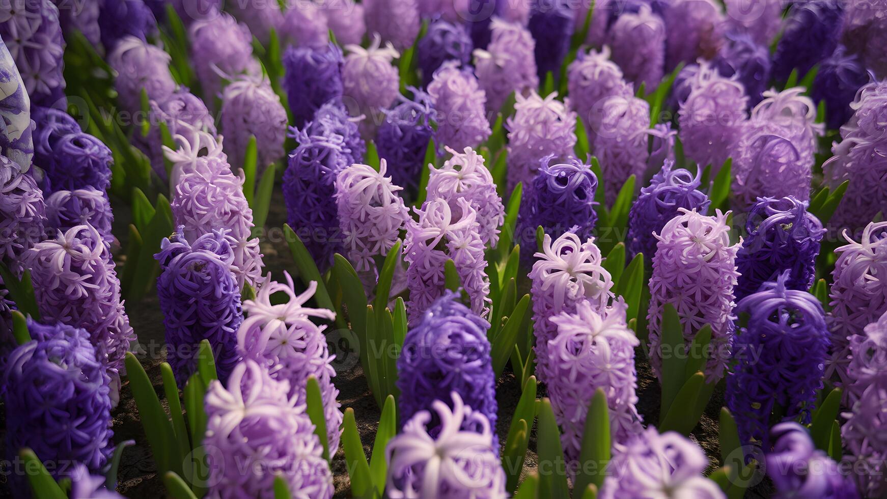 AI generated Bed of violet purple hyacinth flowers taken at slanted angle photo