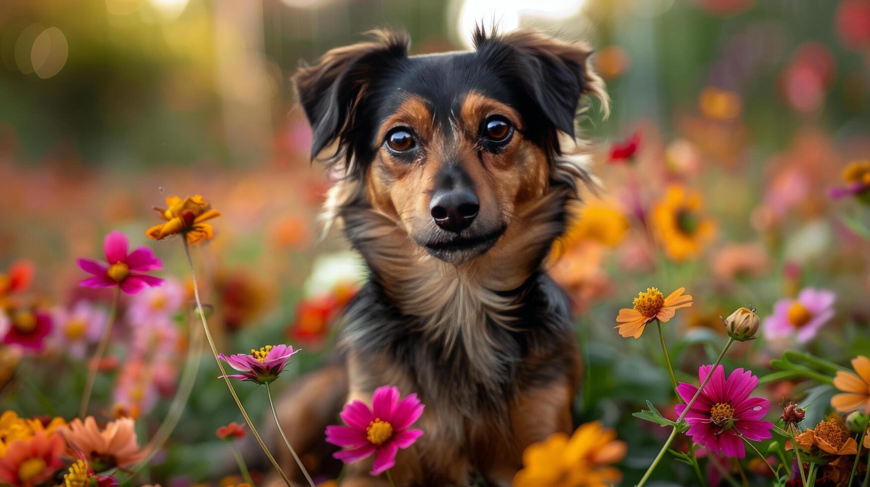 AI generated Small Dog Sitting in Field of Flowers photo