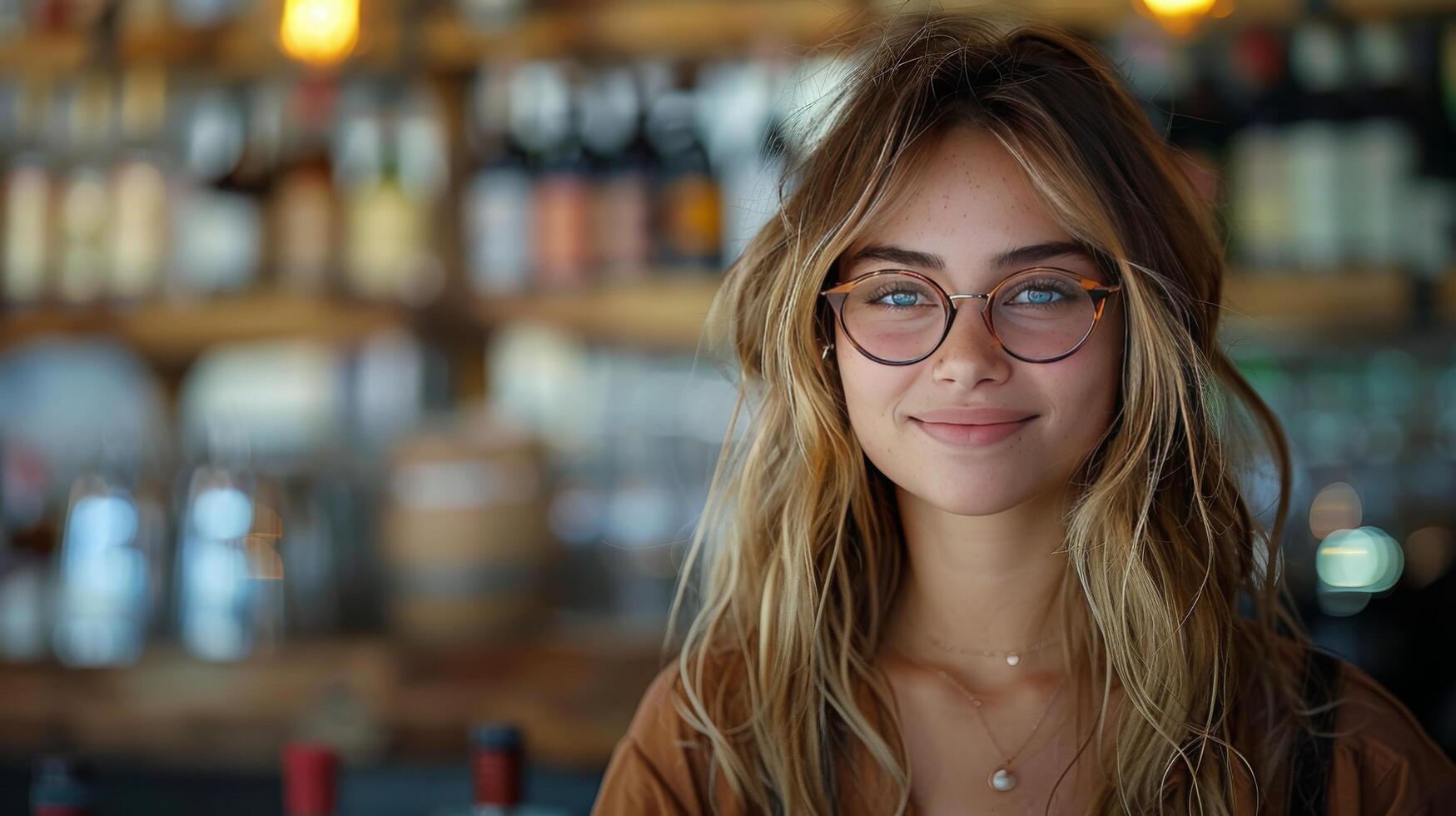 AI generated Woman Wearing Glasses Standing in Front of Bar photo