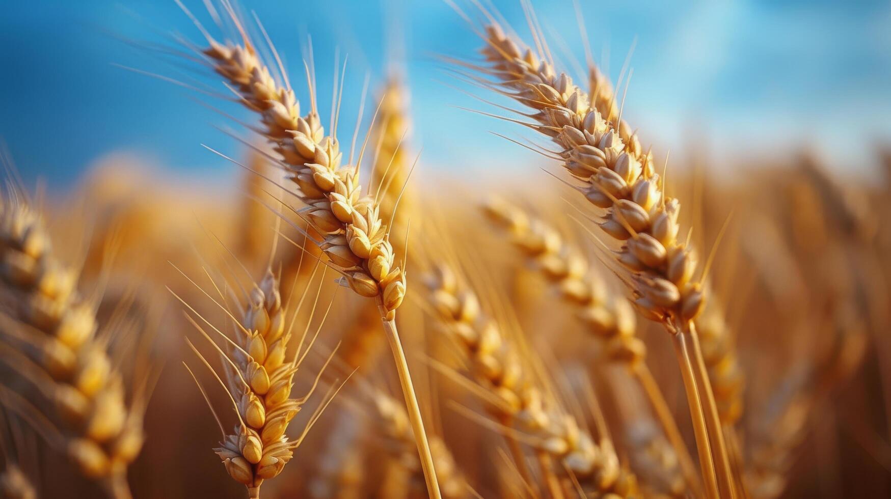 AI generated Close Up of Wheat Field With Blue Sky Background photo