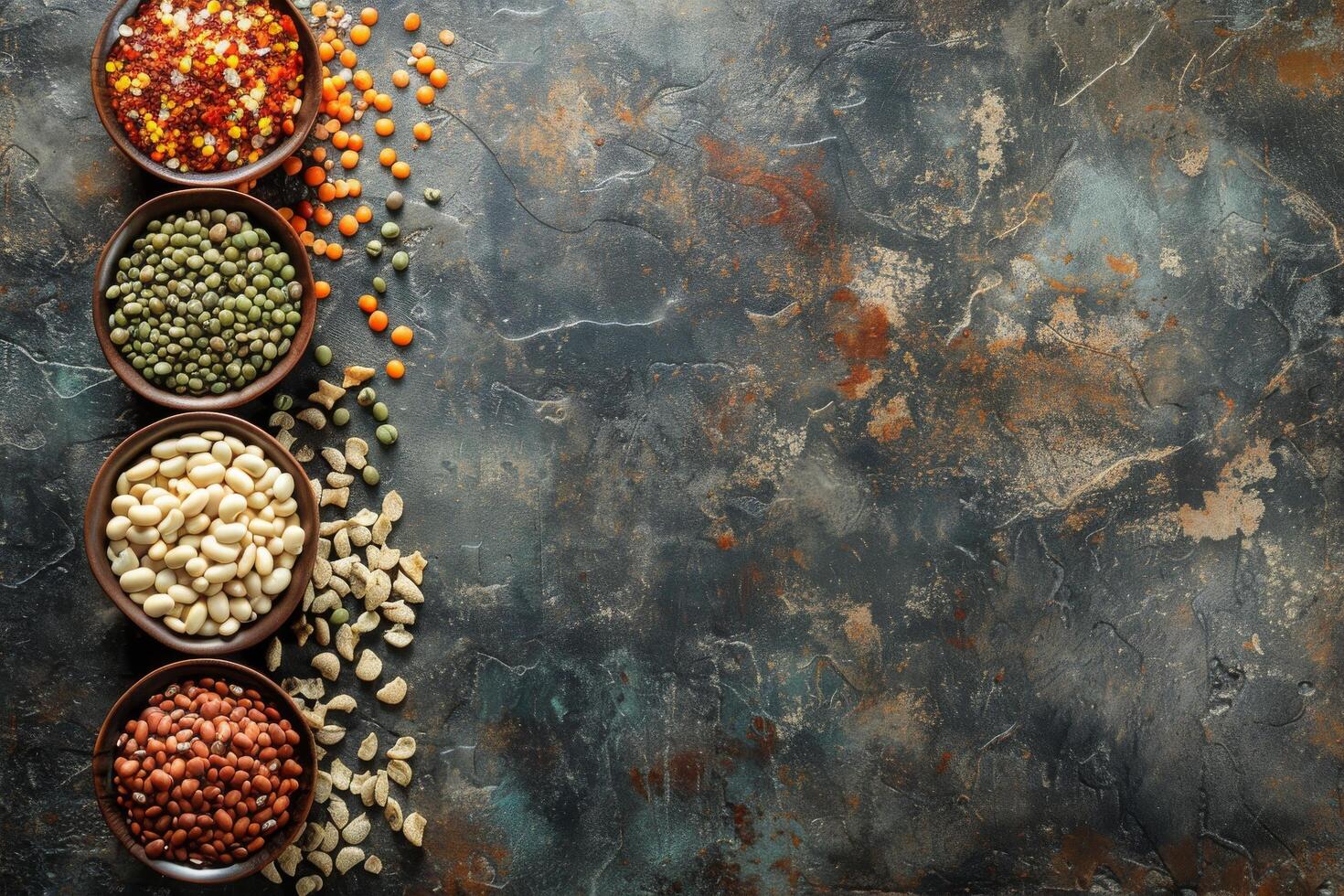 AI generated A Row of Bowls Filled With Different Types of Beans photo