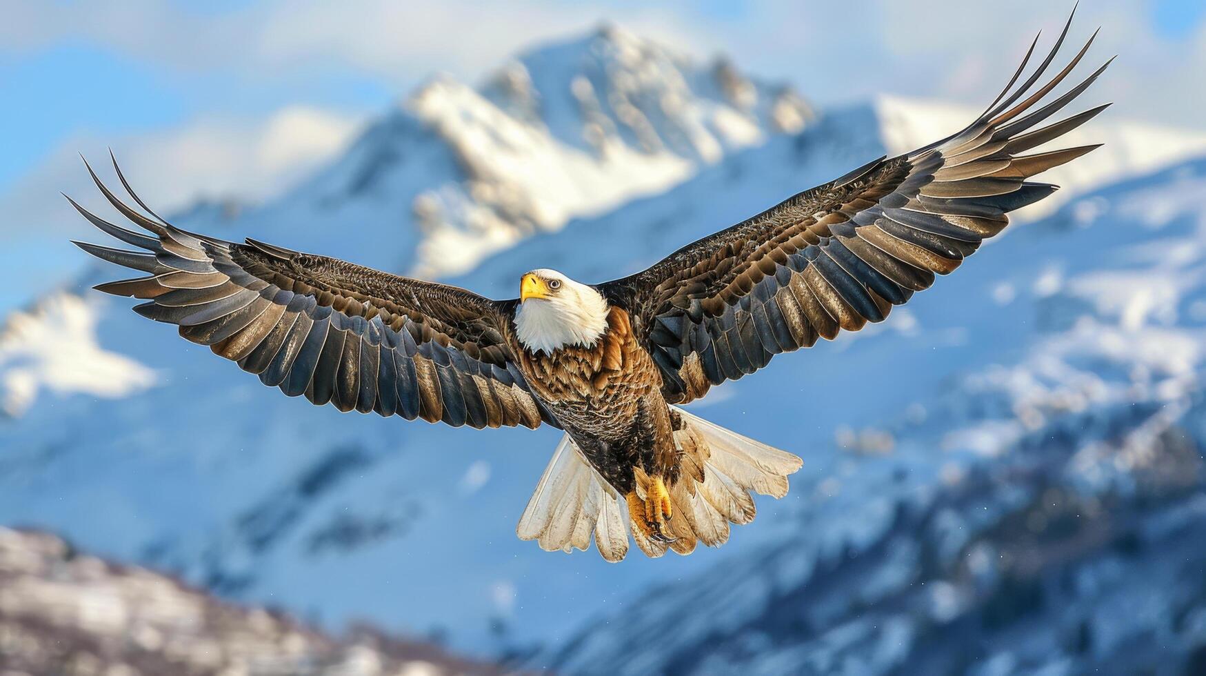 AI generated Bald Eagle Flying in Front of Snowy Mountain photo