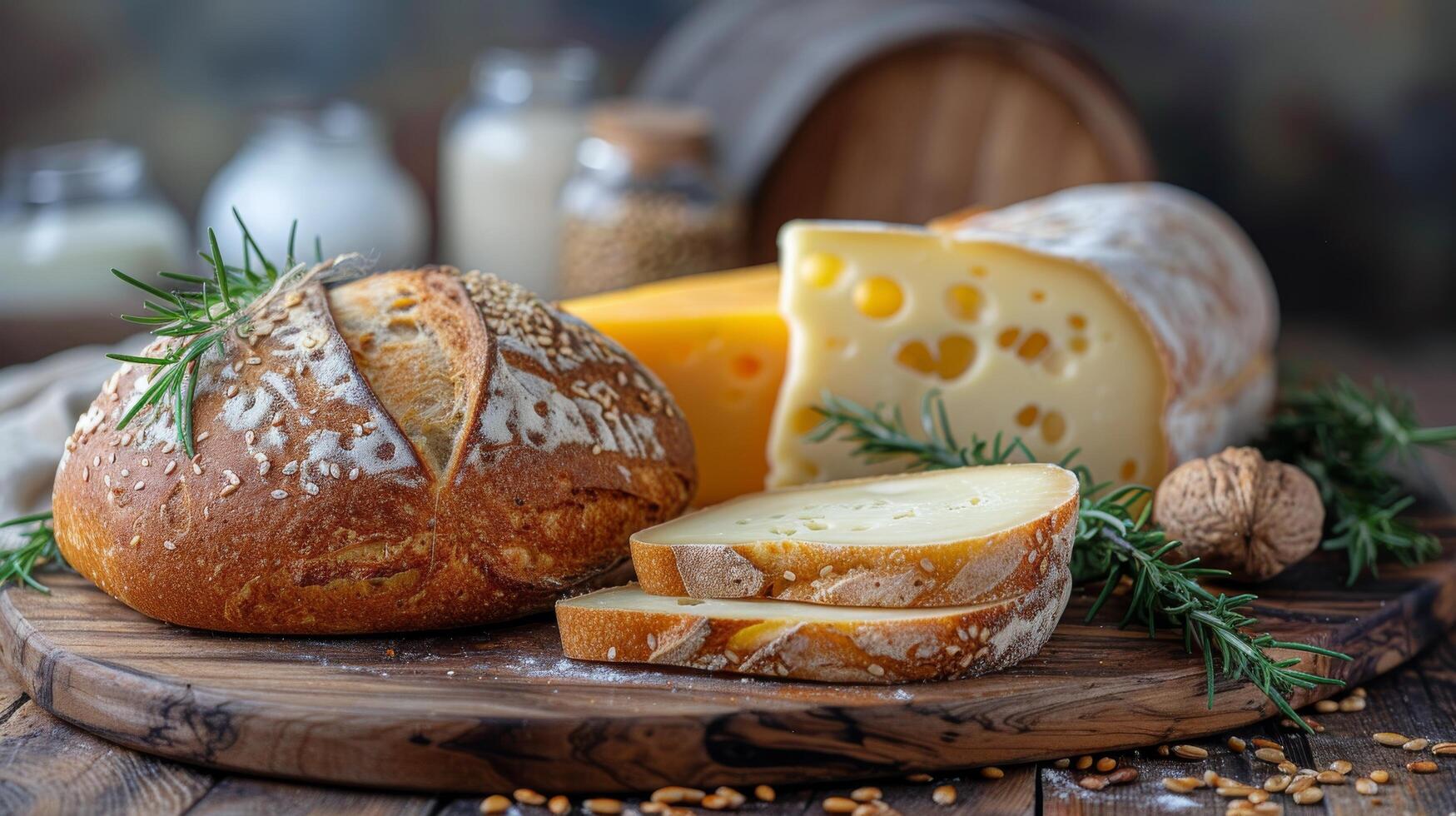 AI generated Assorted Breads and Cheeses on a Wooden Table photo