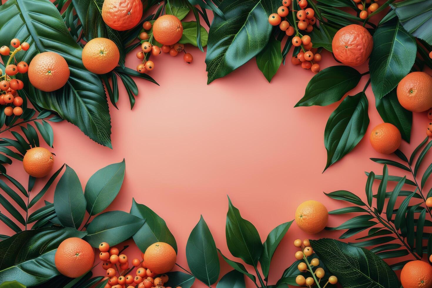 AI generated Oranges and Leaves on Pink Background photo