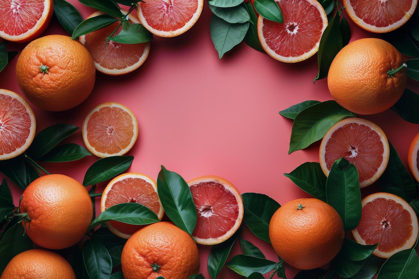 AI generated Group of Grapefruits With Leaves on Pink Background photo