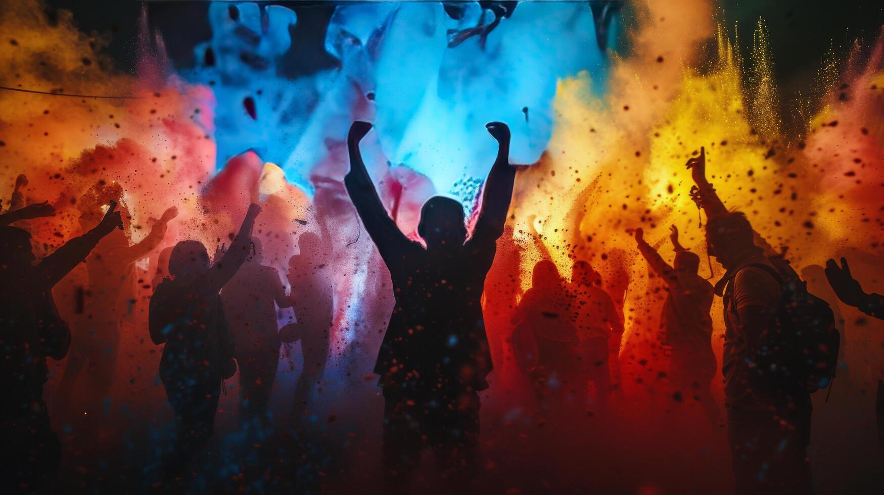 ai generado grupo de personas en pie en frente de Fuegos artificiales foto