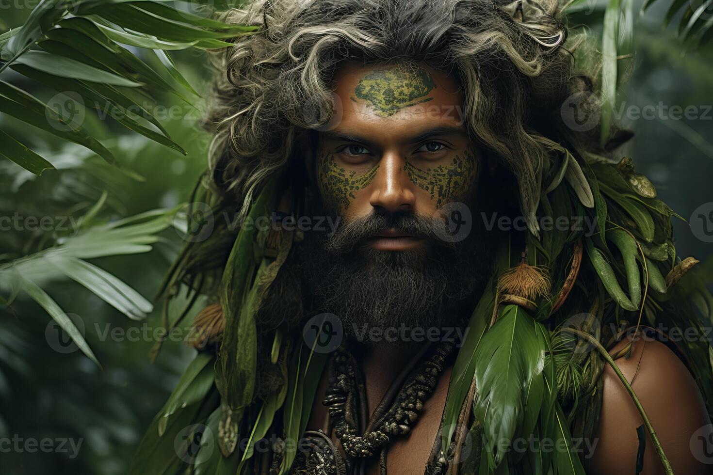 AI generated Untamed Jungle man portrait. Generate Ai photo