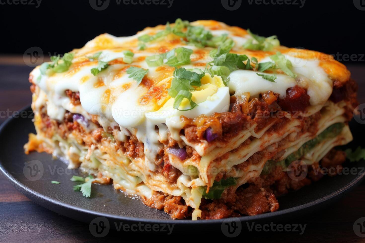 AI generated Spicy Ramen lasagna food on table. Generate Ai photo