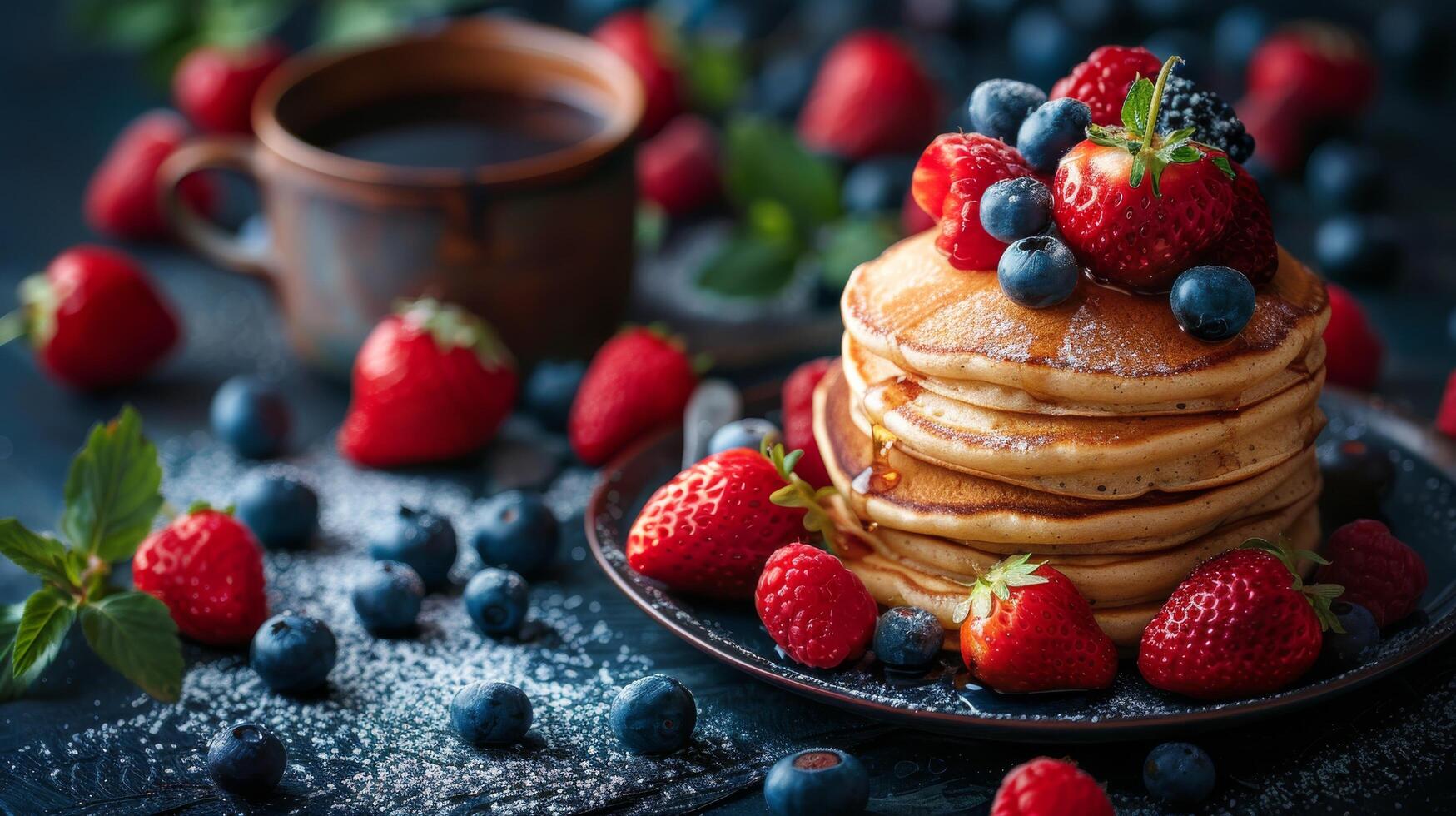 AI generated Stack of Pancakes Topped With Berries and Syrup photo