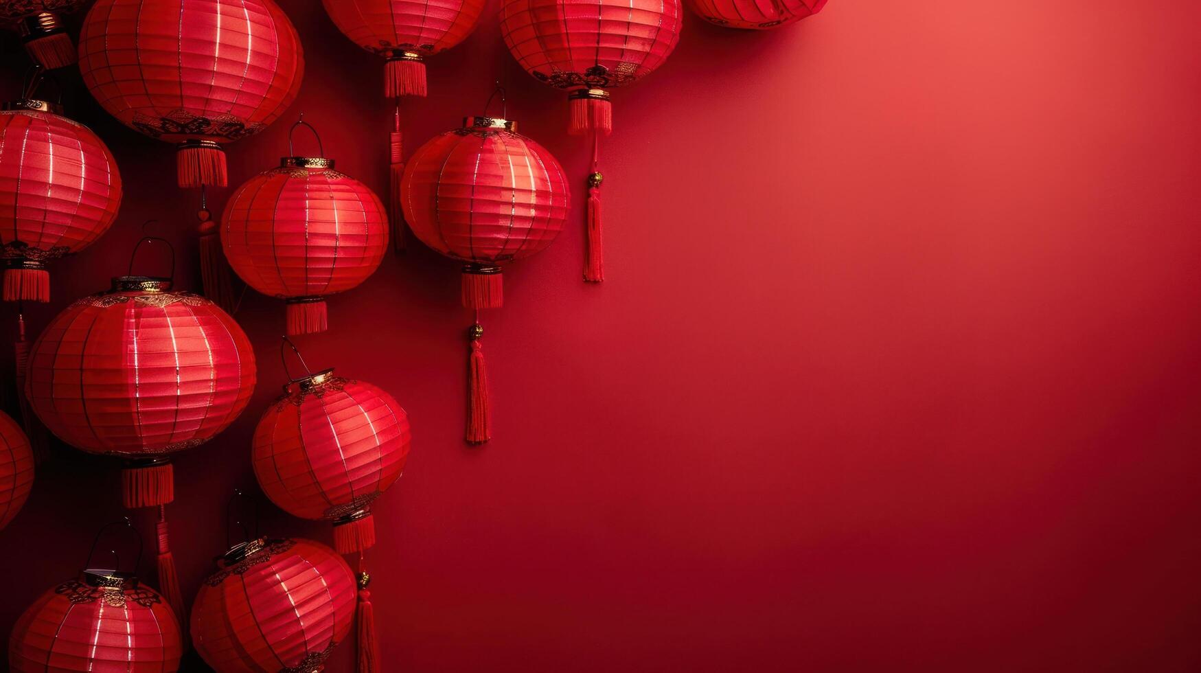 AI generated Chinese lanterns on a minimalistic red background. Lots of free space for text in the center photo
