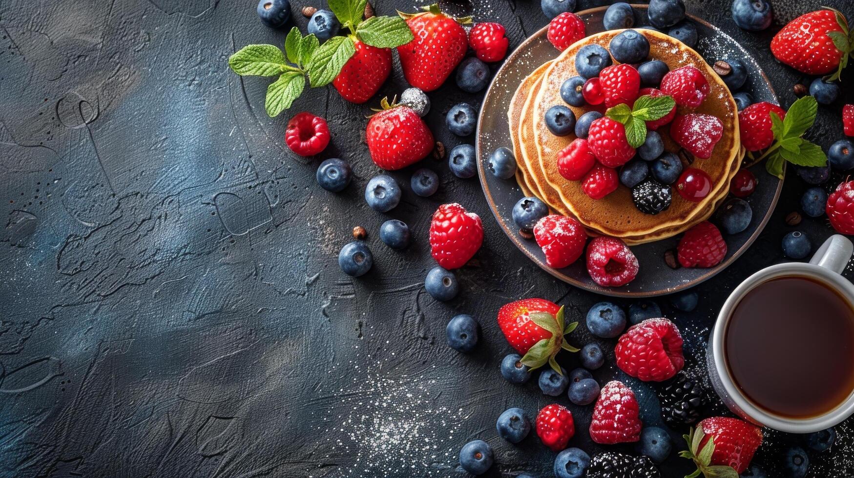 AI generated Stack of Pancakes Topped With Berries and Syrup photo