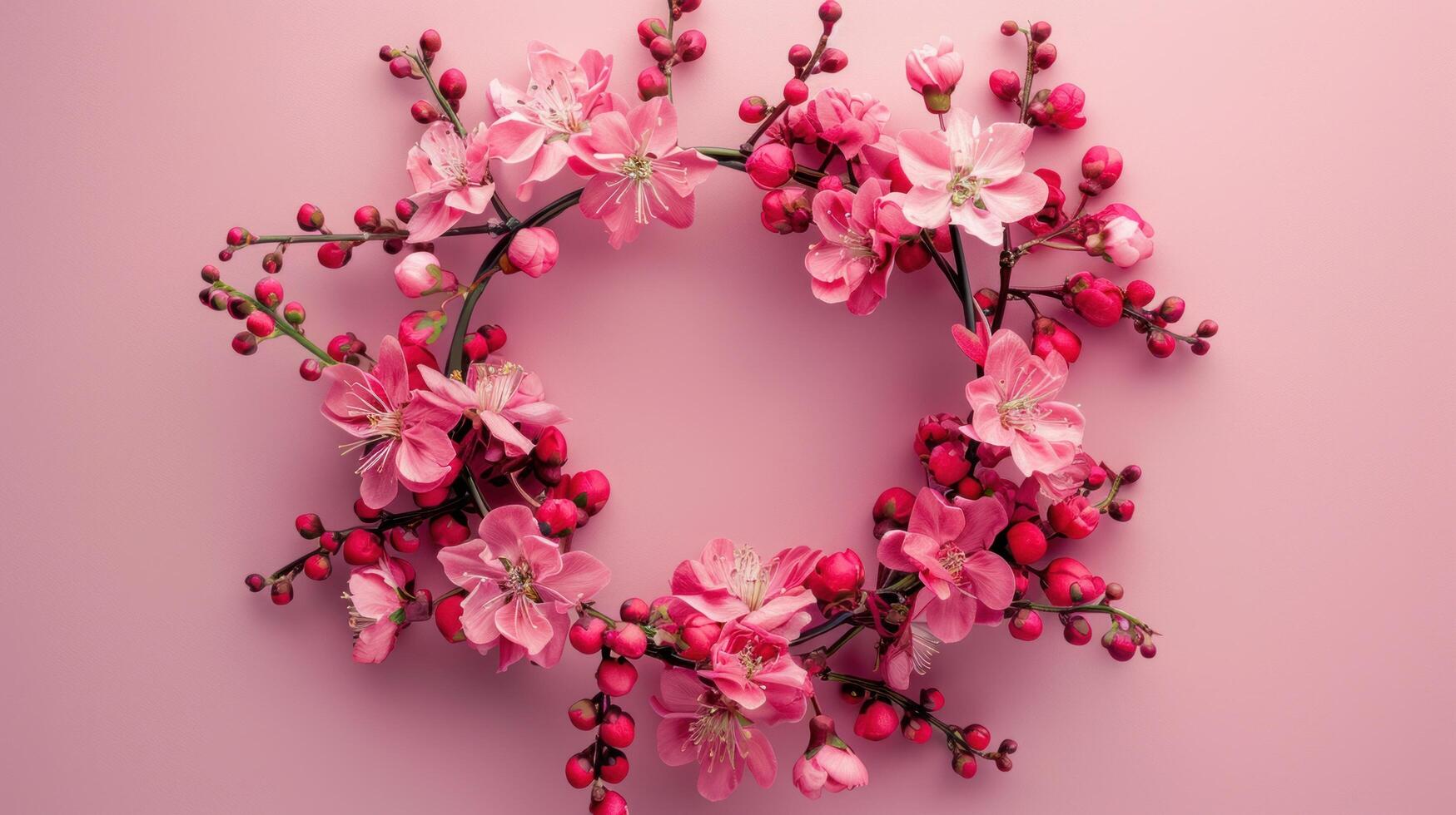 AI generated Flowers composition. Wreath made of pink flowers on pink background. Flat lay, top view, copy space photo