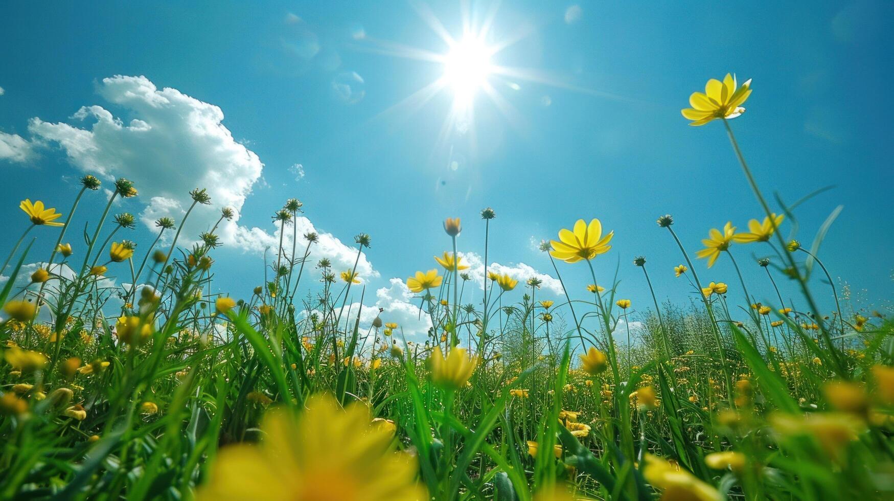 AI generated A beautiful field with blooming rapeseed at sunny day. There are rapeseed flowers below and green grass on top of the sun photo