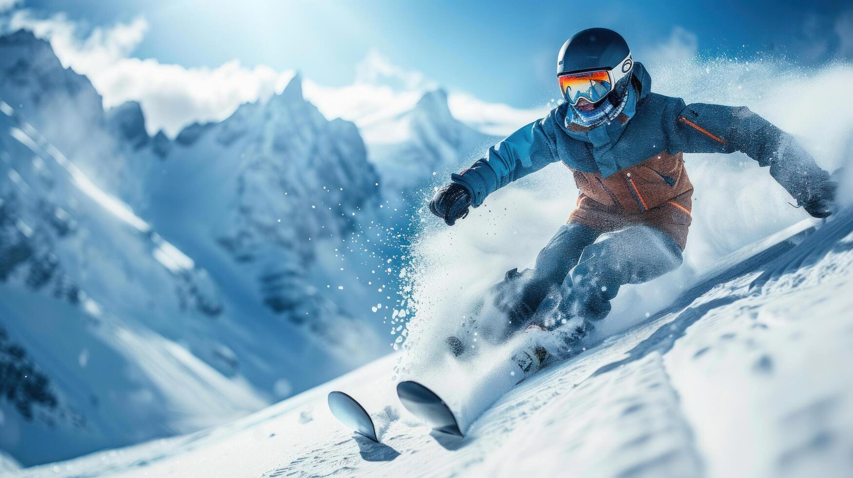 AI generated A young snowboarder rides down an alpine mountain at high speed photo