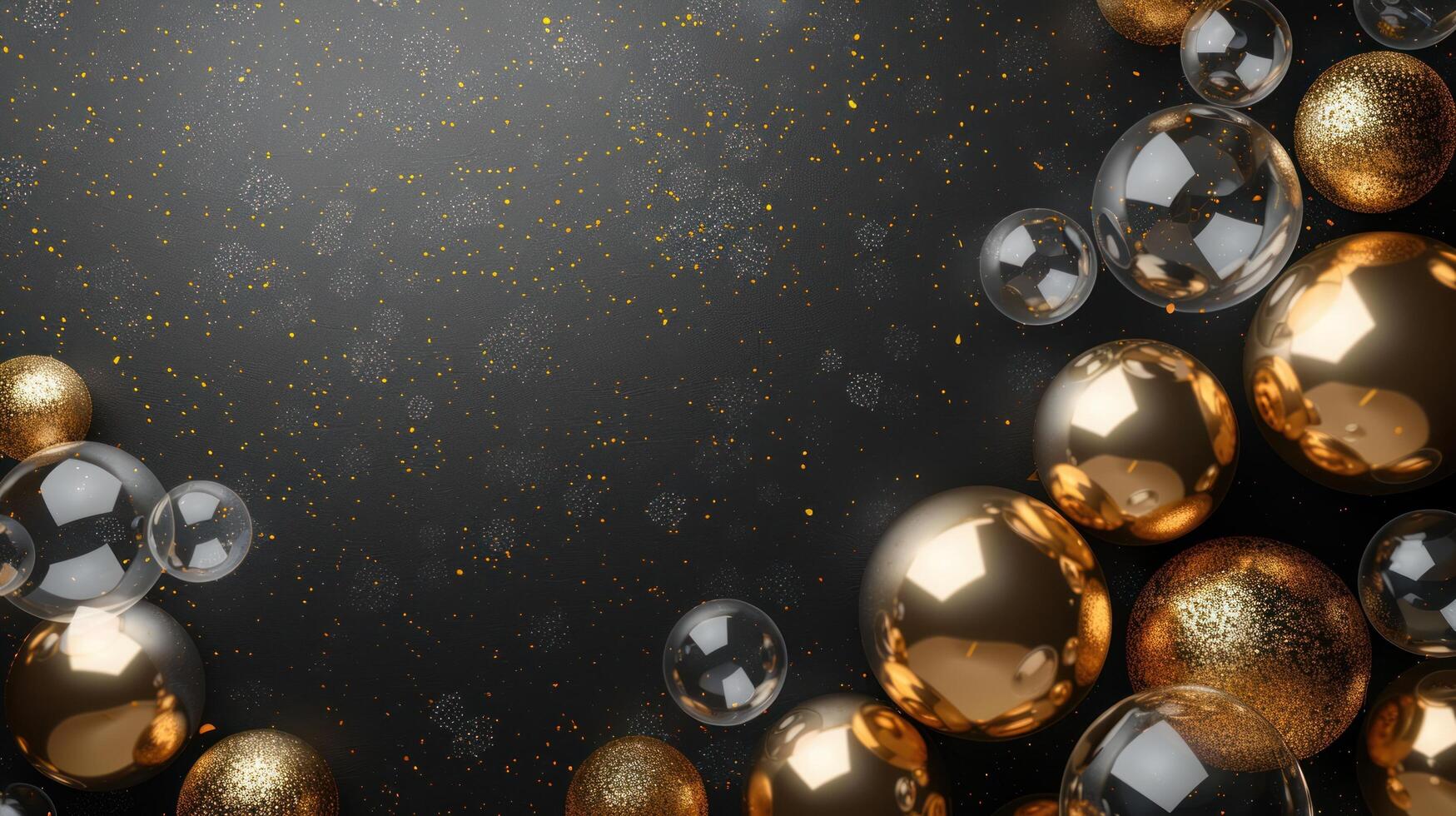 AI generated Beautiful festive minimalistic black background with gold and clear balloons on the sides photo