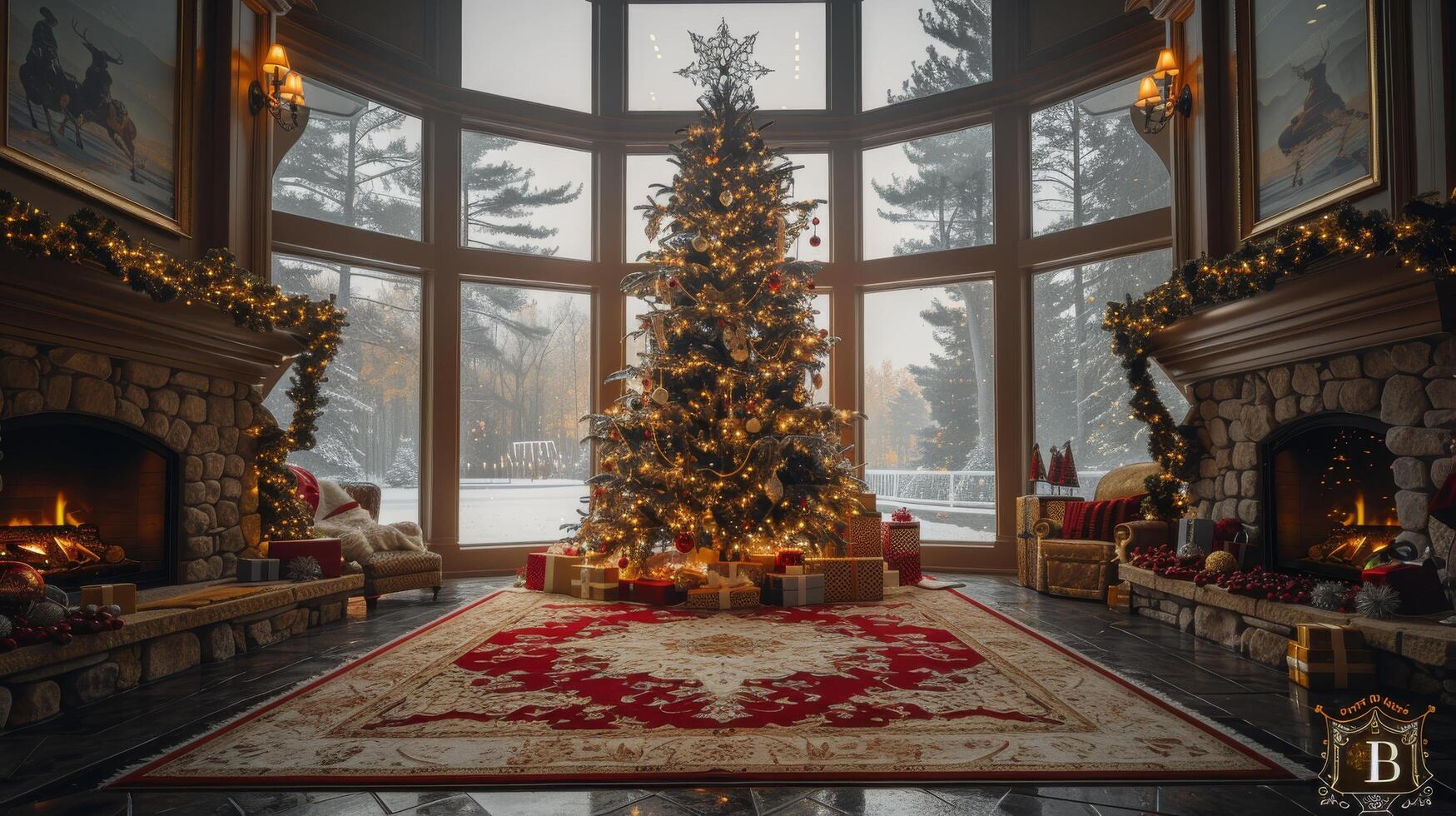 AI generated Festive Living Room With Christmas Tree photo