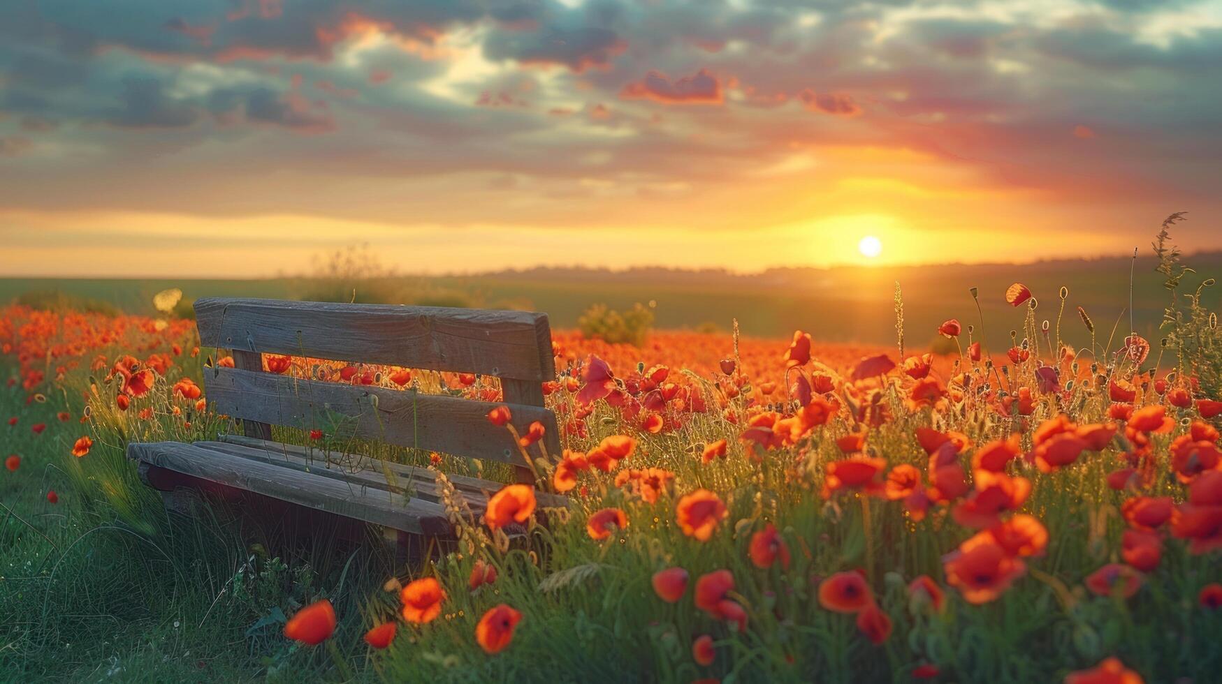 ai generado hermosa campo con amapolas a puesta de sol. allí son amapola flores abajo y verde césped encima el Dom foto