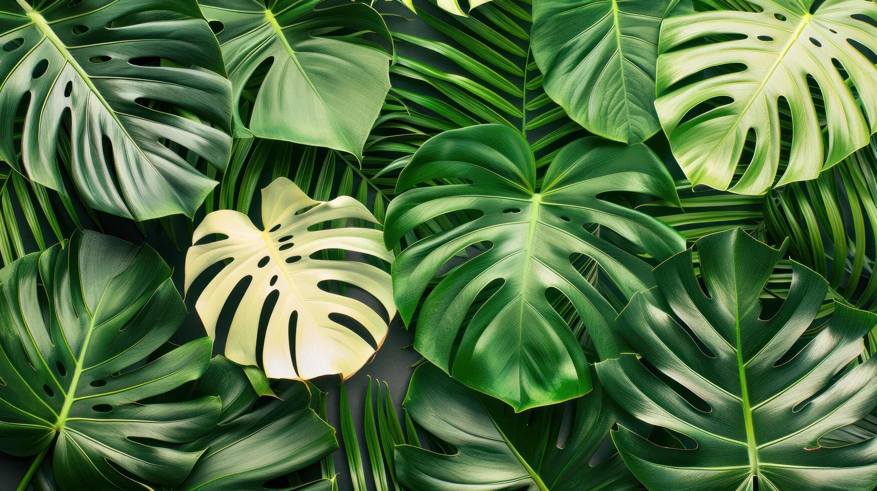 AI generated Abstract background of green palm leaves, flat lay photo