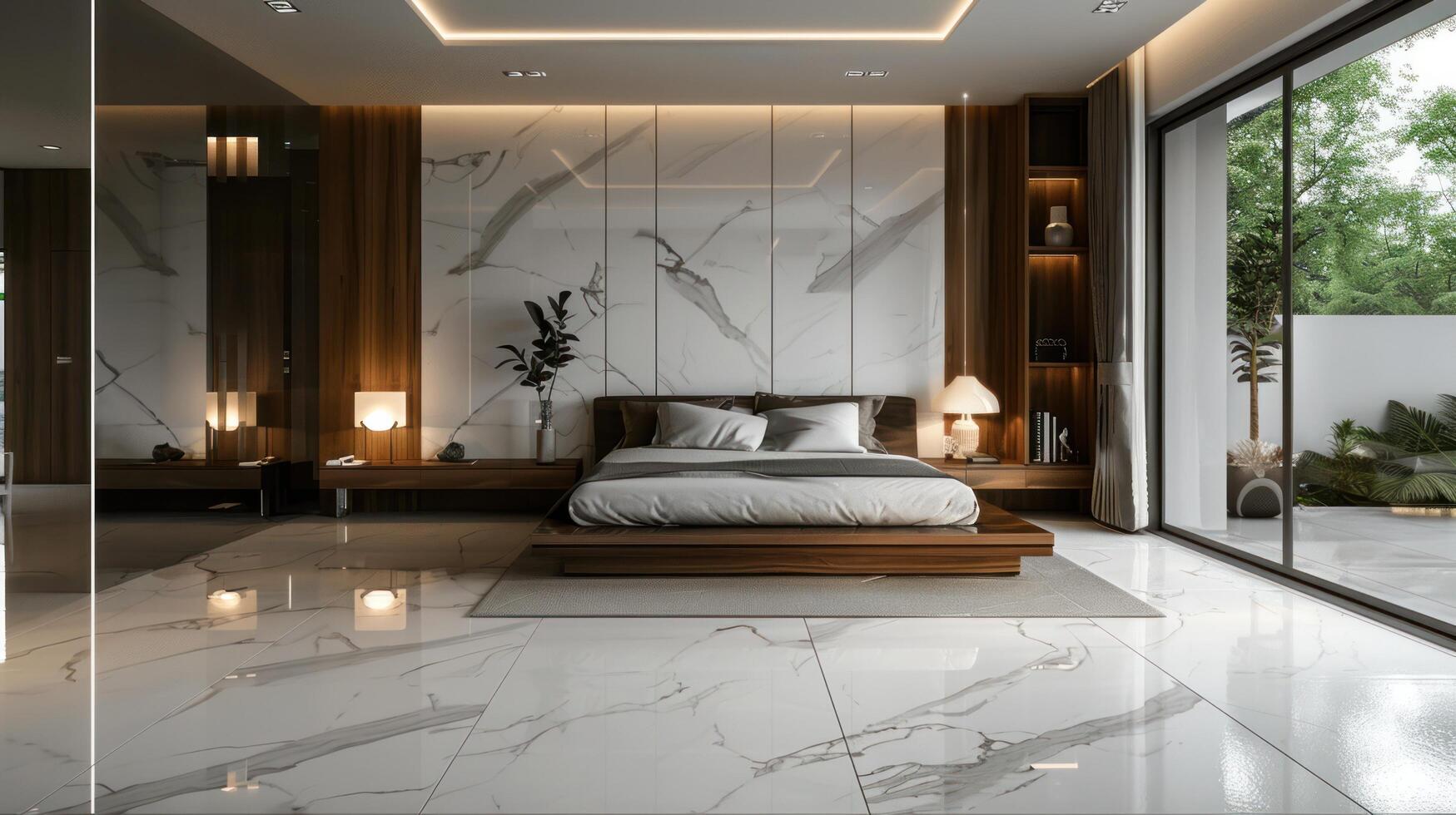 AI generated Beautiful modern minimalist interior with white marble floor and wooden bed photo