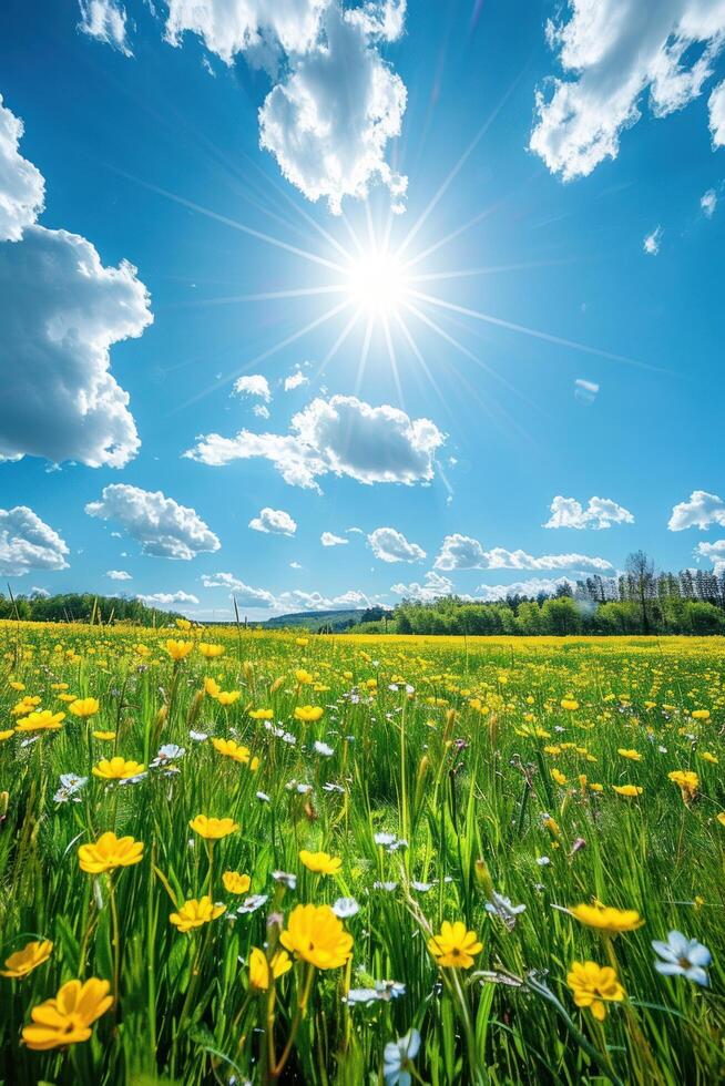 AI generated A beautiful field with blooming rapeseed at sunny day. There are rapeseed flowers below and green grass on top of the sun photo