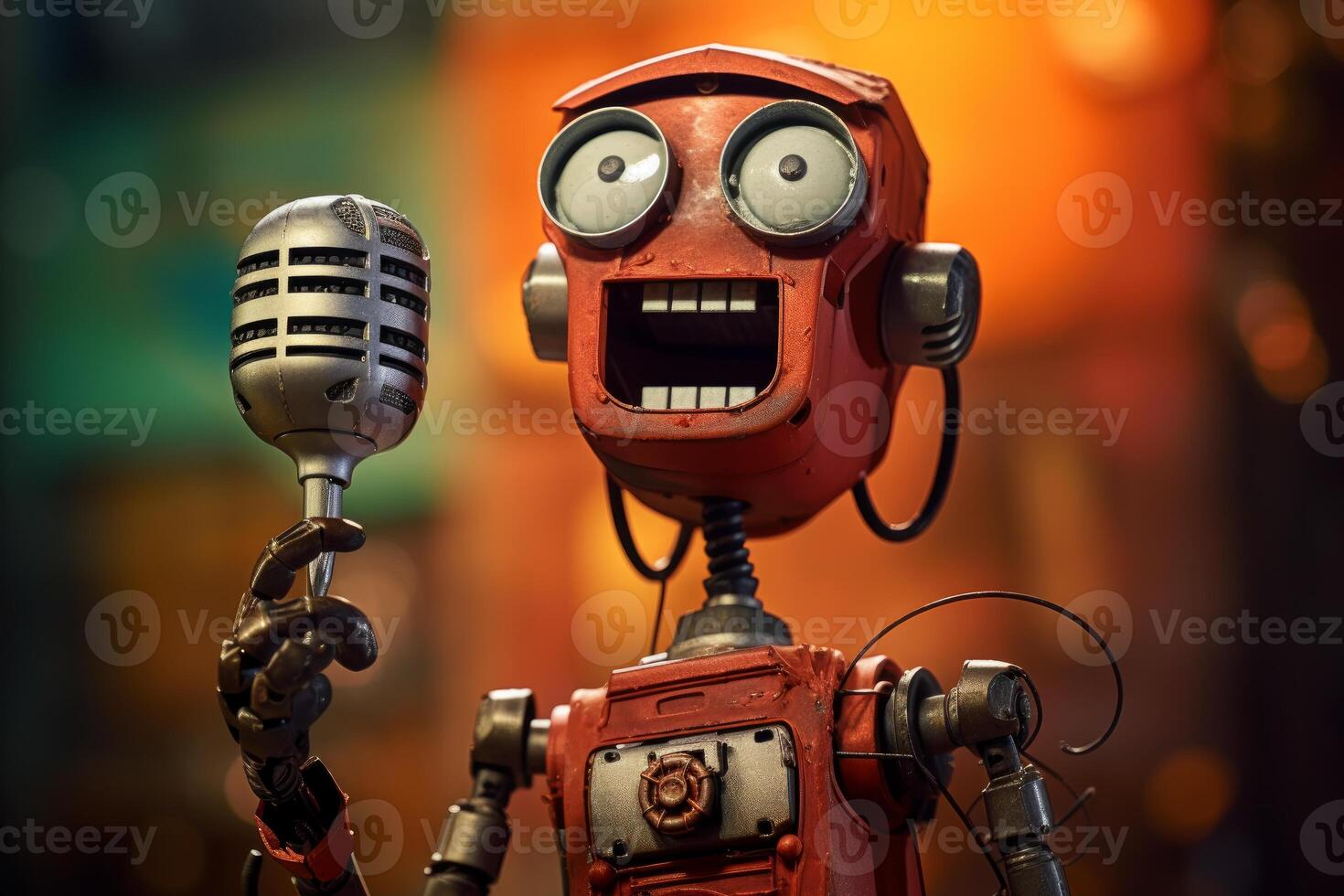 AI generated Metallic Robot singer microphone. Generate Ai photo