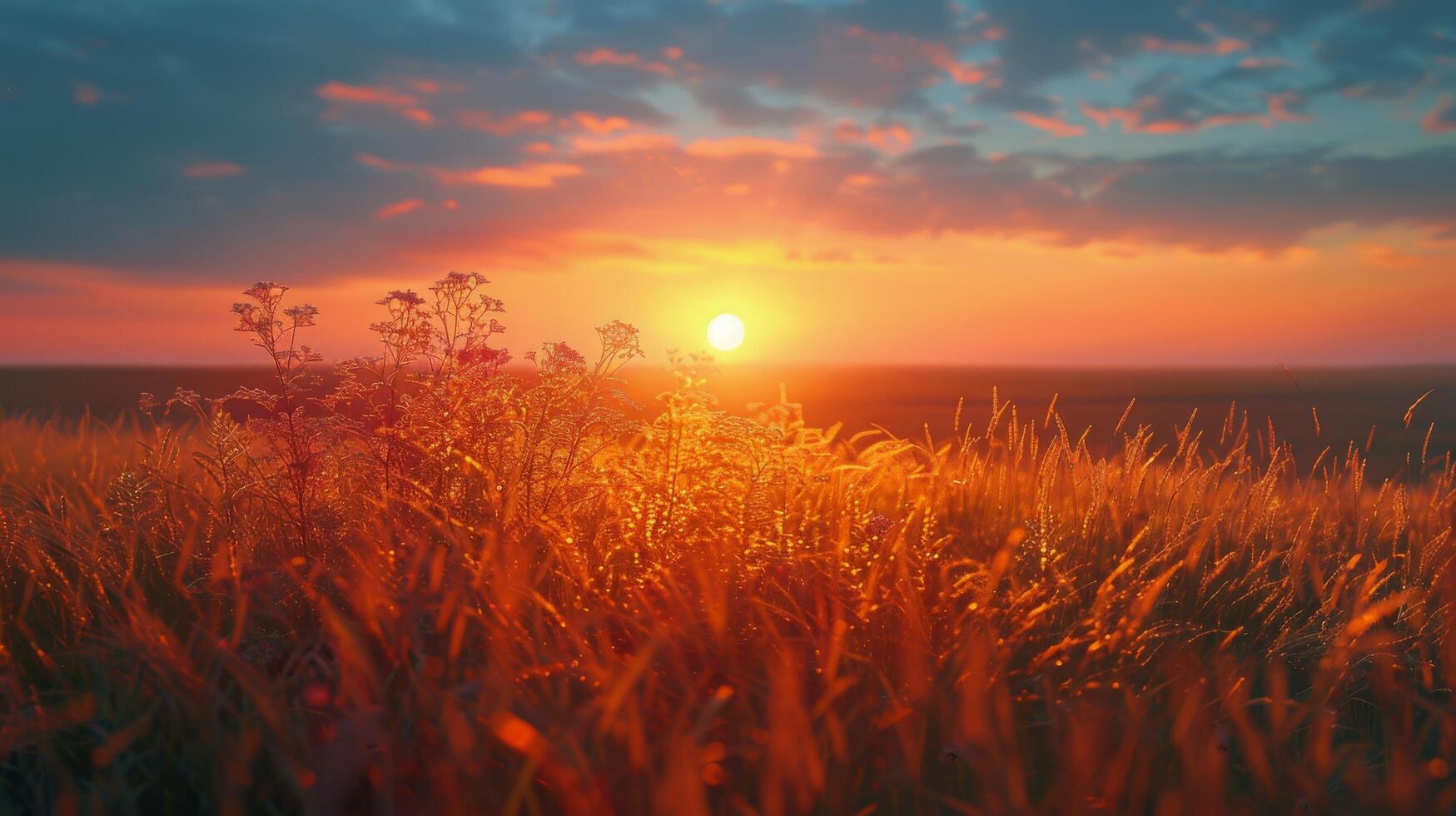 AI generated Sun Setting Over Tall Grass Field photo