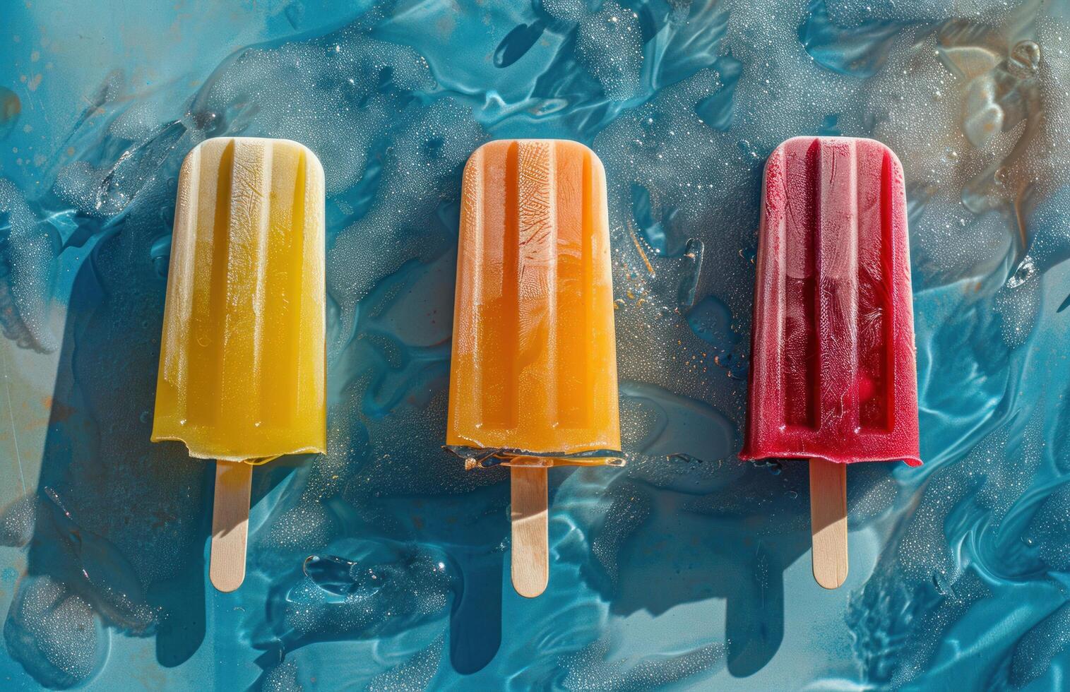 AI generated three popsicles on a blue surface photo