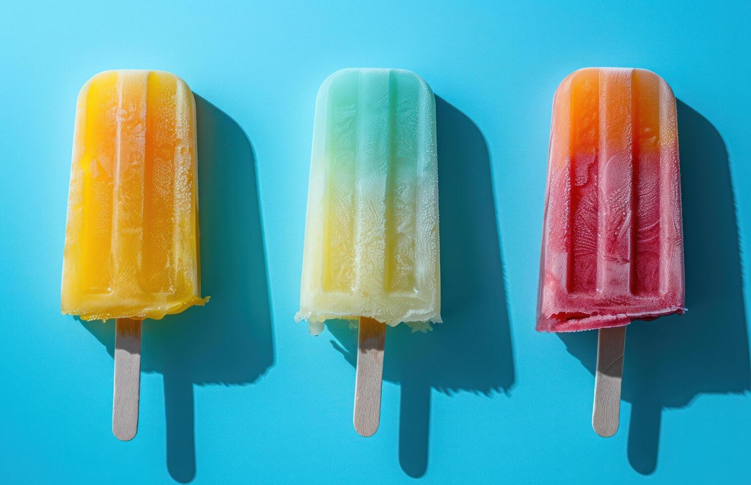 AI generated three colorful ice pops on a blue background photo